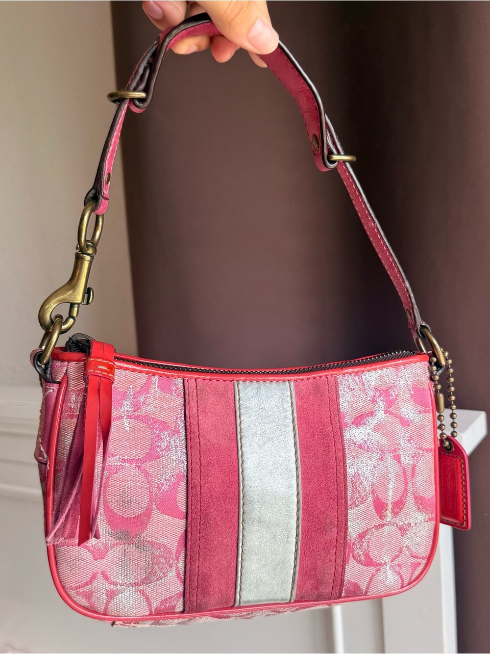 Vintage Coach signature stripe pink and silver demi monogram bag